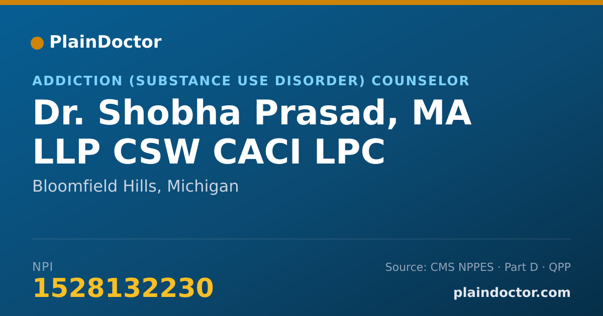 Shareable card for Shobha Prasad, MA LLP CSW CACI LPC - Addiction (Substance Use Disorder) Counselor, Bloomfield Hills, MI