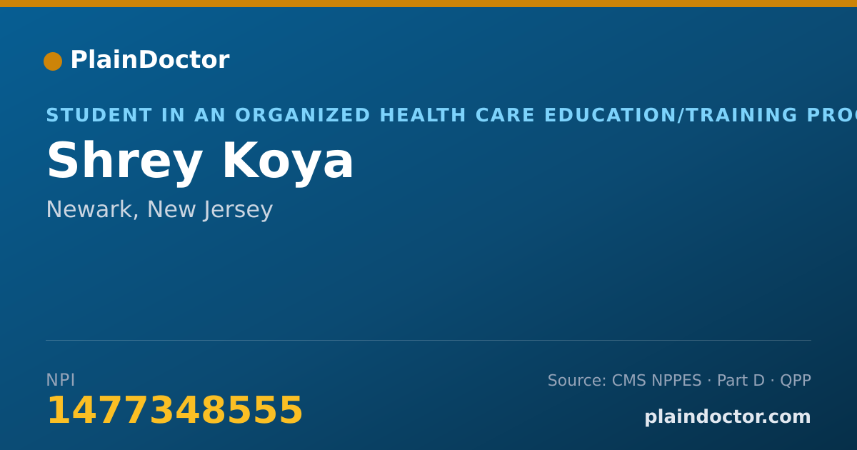 Shareable card for Shrey Koya - Student in an Organized Health Care Education/Training Program, Newark, NJ