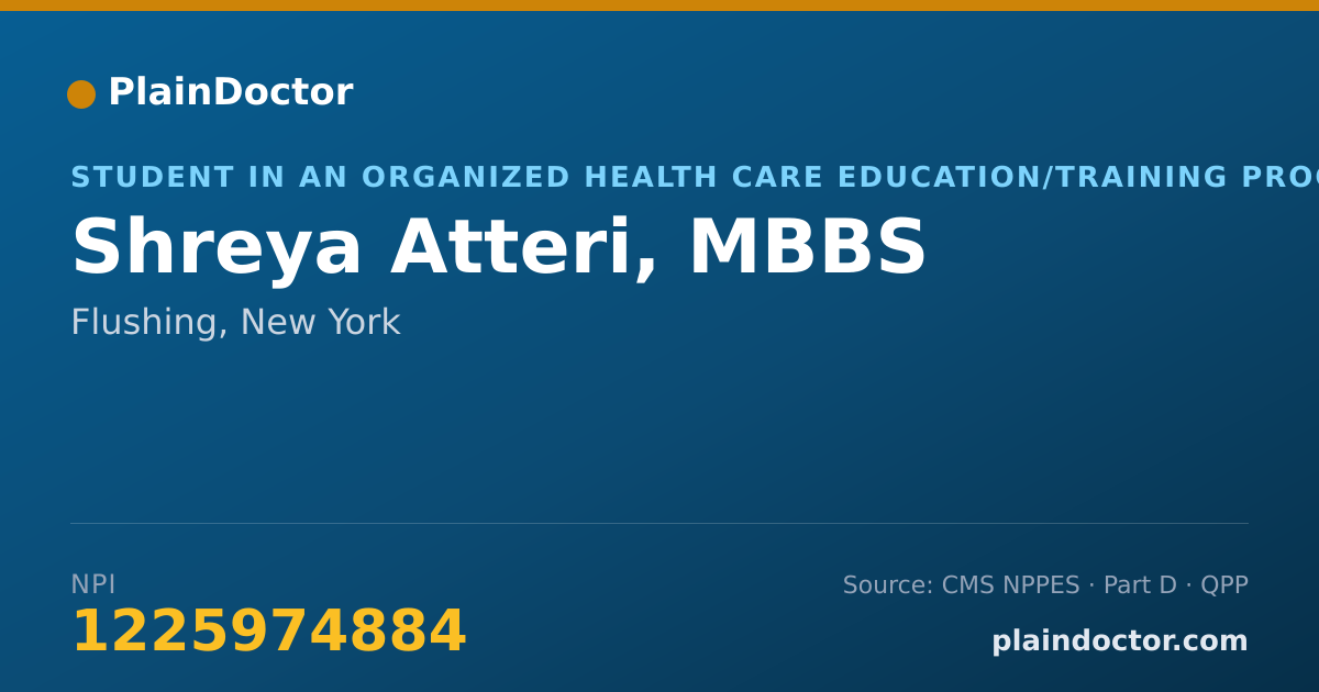 Shareable card for Shreya Atteri, MBBS - Student in an Organized Health Care Education/Training Program, Flushing, NY