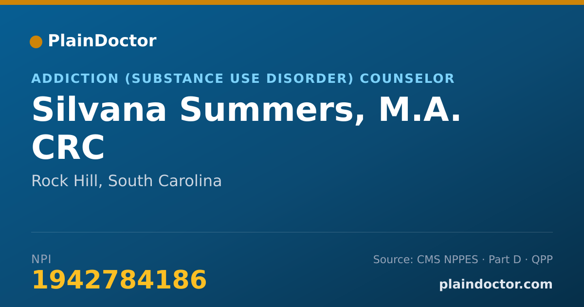 Shareable card for Silvana Summers, M.A. CRC - Addiction (Substance Use Disorder) Counselor, Rock Hill, SC
