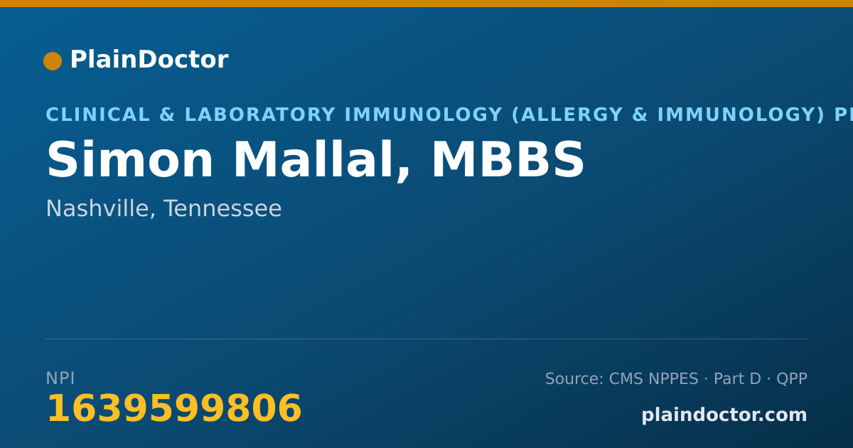 Shareable card for Simon Mallal, MBBS - Clinical & Laboratory Immunology (Allergy & Immunology) Physician, Nashville, TN