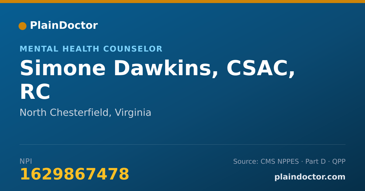 Shareable card for Simone Dawkins, CSAC, RC - Mental Health Counselor, North Chesterfield, VA