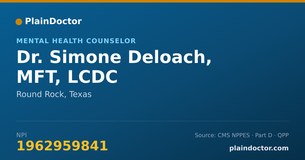 Shareable card for Simone Deloach, MFT, LCDC - Mental Health Counselor, Round Rock, TX