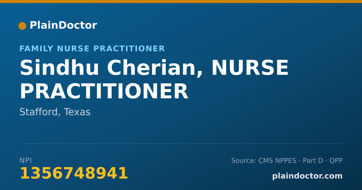Shareable card for Sindhu Cherian, NURSE PRACTITIONER - Family Nurse Practitioner, Stafford, TX