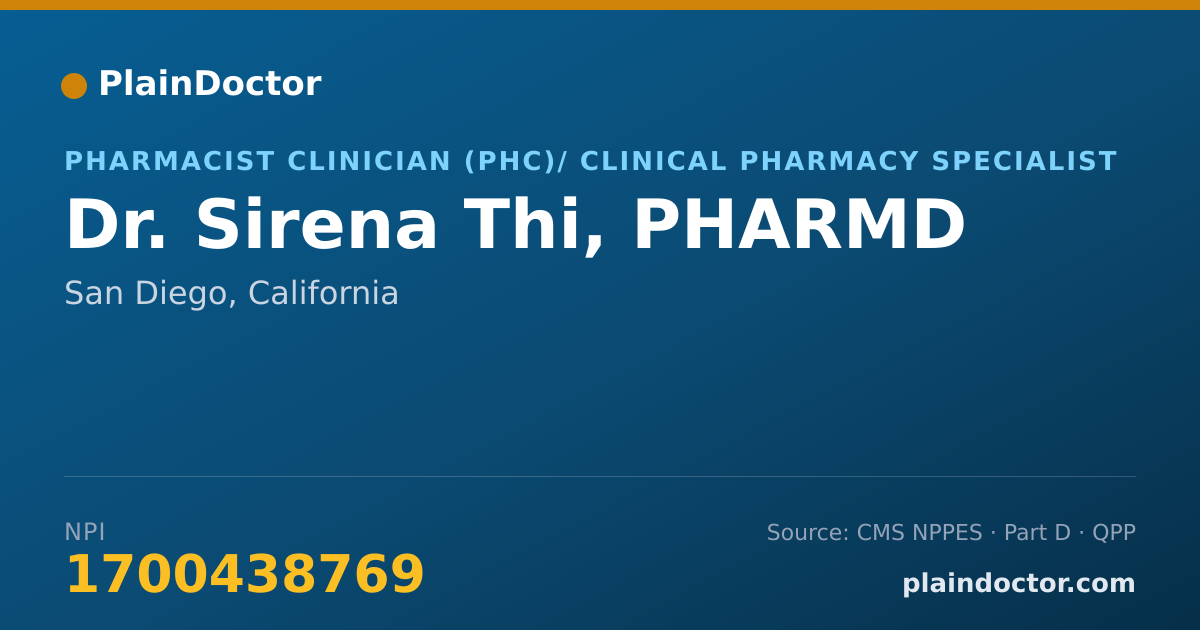 Shareable card for Sirena Thi, PHARMD - Pharmacist Clinician (PhC)/ Clinical Pharmacy Specialist, San Diego, CA