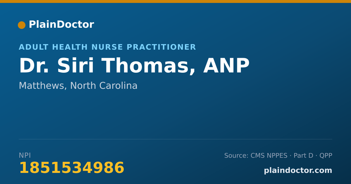 Shareable card for Siri Thomas, ANP - Adult Health Nurse Practitioner, Matthews, NC