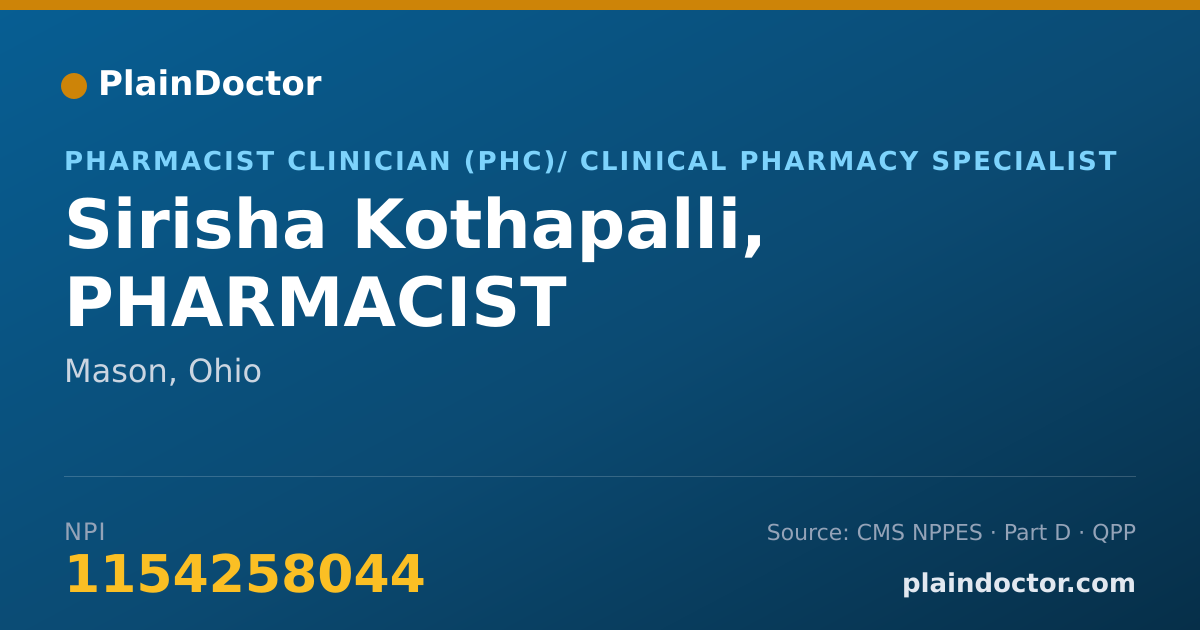 Shareable card for Sirisha Kothapalli, PHARMACIST - Pharmacist Clinician (PhC)/ Clinical Pharmacy Specialist, Mason, OH