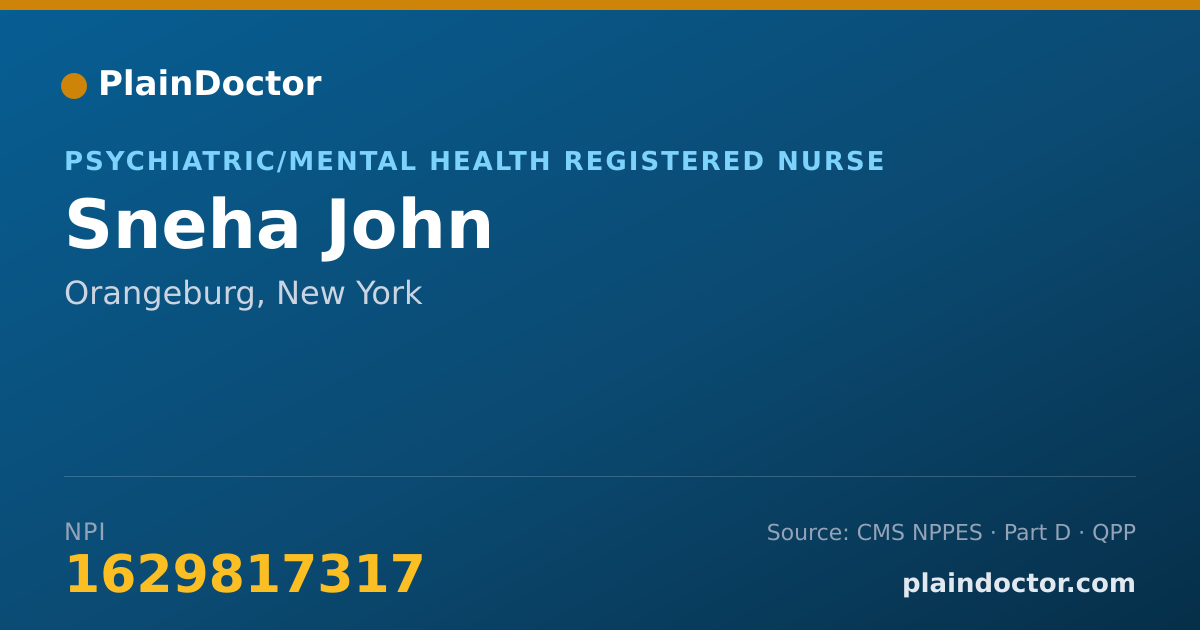 Shareable card for Sneha John - Psychiatric/Mental Health Registered Nurse, Orangeburg, NY