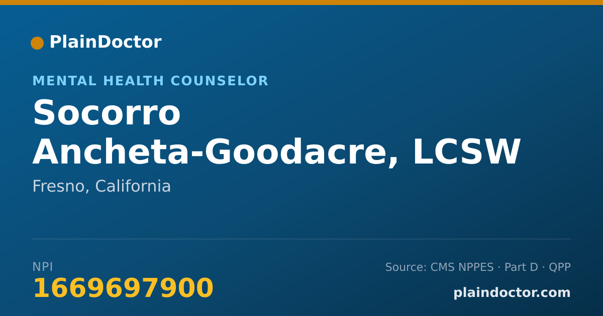 Shareable card for Socorro Ancheta-Goodacre, LCSW - Mental Health Counselor, Fresno, CA