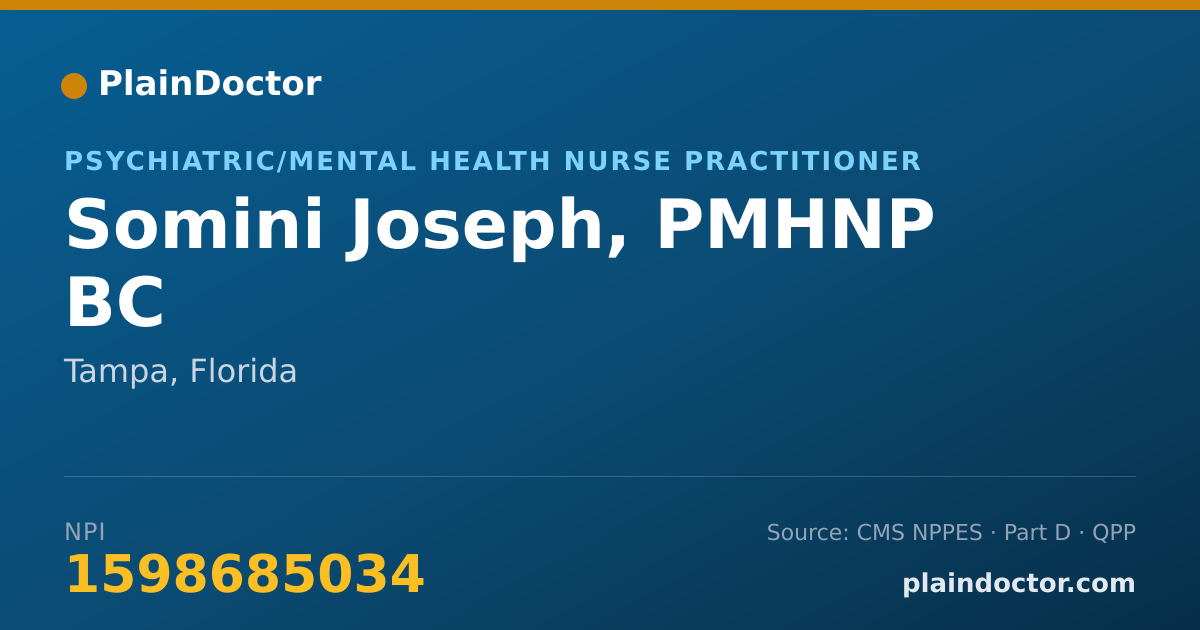 Shareable card for Somini Joseph, PMHNP BC - Psychiatric/Mental Health Nurse Practitioner, Tampa, FL