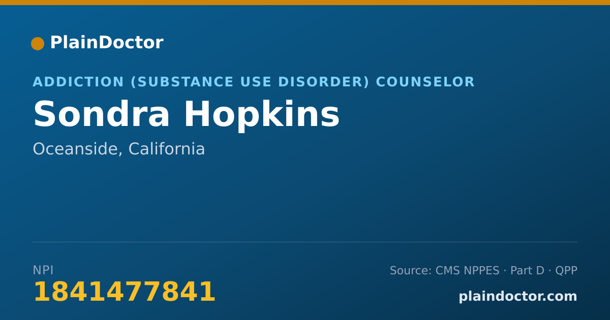 Shareable card for Sondra Hopkins - Addiction (Substance Use Disorder) Counselor, Oceanside, CA