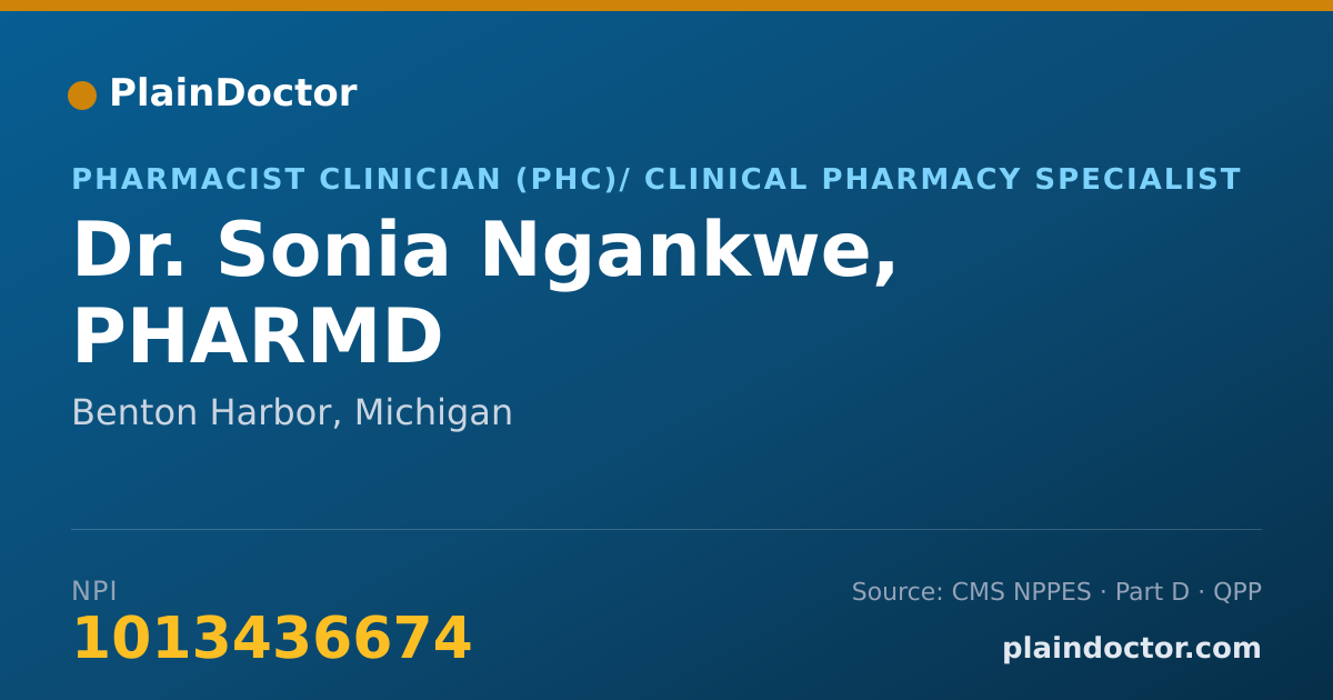 Shareable card for Sonia Ngankwe, PHARMD - Pharmacist Clinician (PhC)/ Clinical Pharmacy Specialist, Benton Harbor, MI