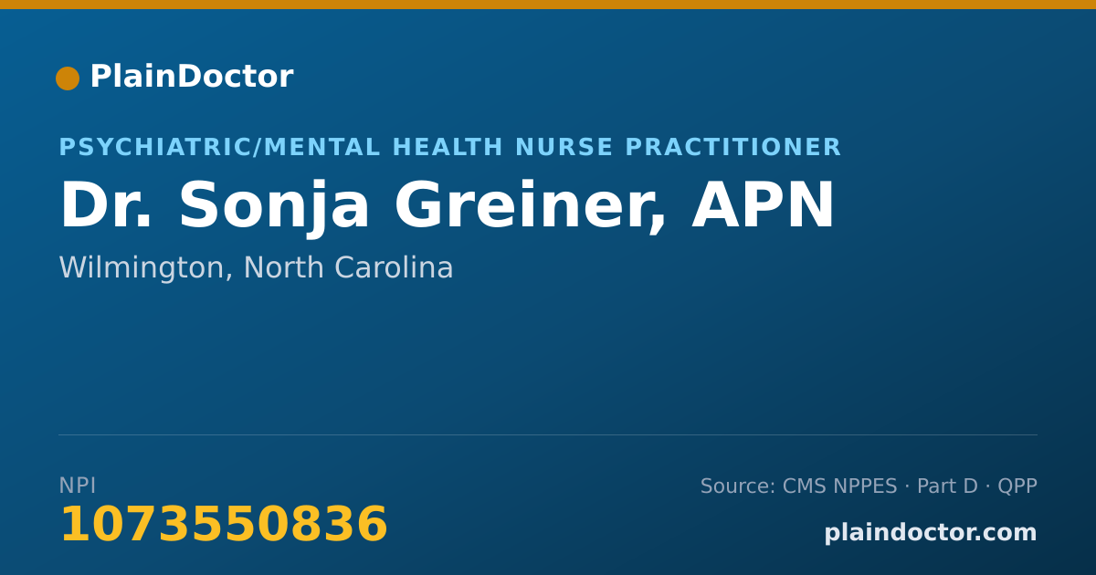 Shareable card for Sonja Greiner, APN - Psychiatric/Mental Health Nurse Practitioner, Wilmington, NC