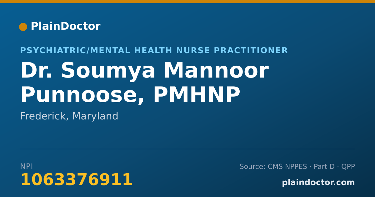 Shareable card for Soumya Mannoor Punnoose, PMHNP - Psychiatric/Mental Health Nurse Practitioner, Frederick, MD