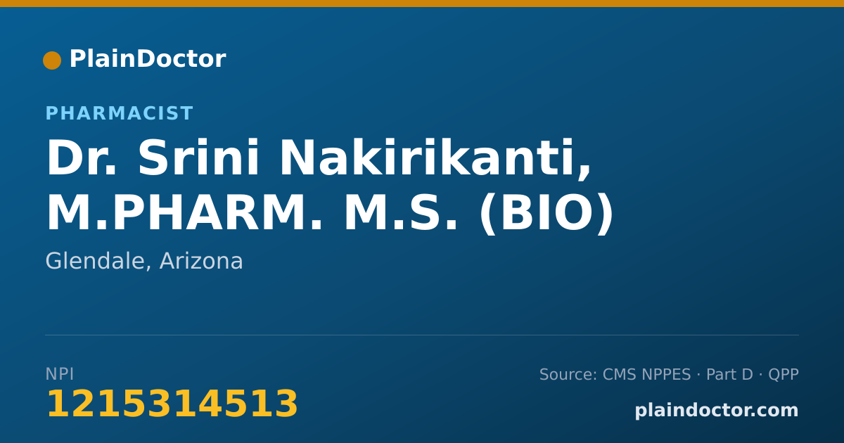 Shareable card for Srini Nakirikanti, M.PHARM. M.S. (BIO) - Pharmacist, Glendale, AZ