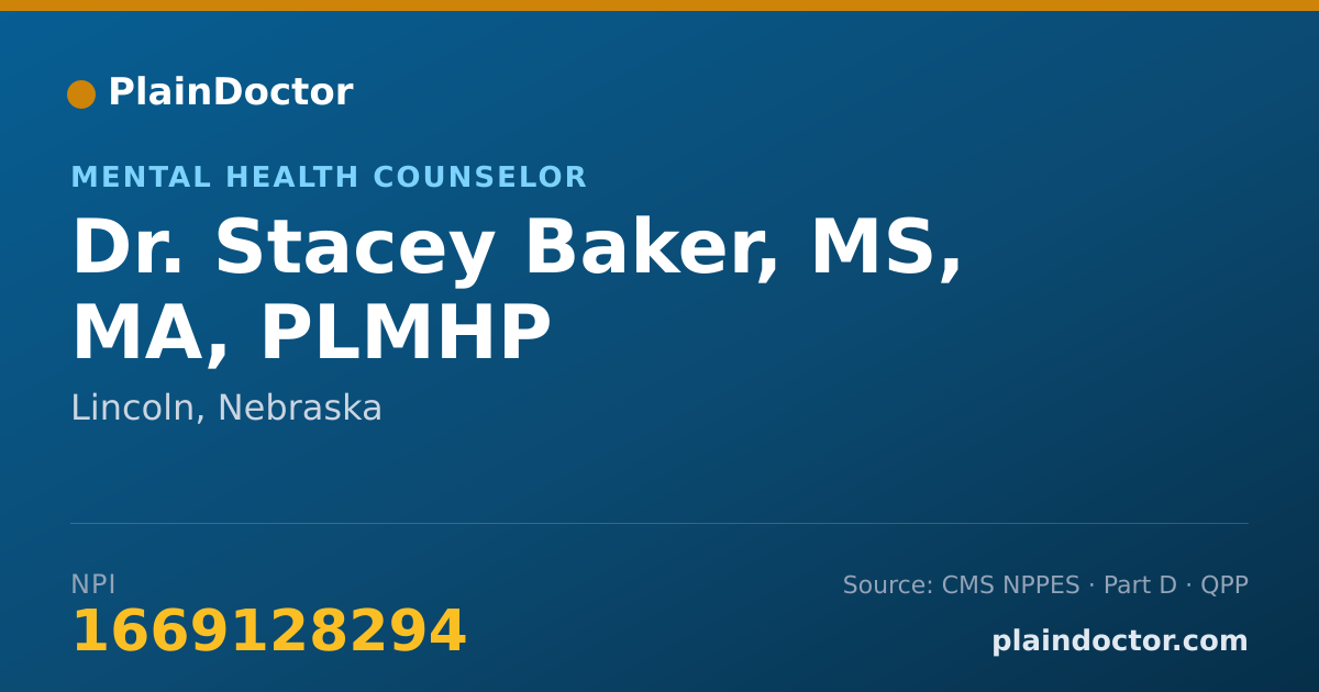 Shareable card for Stacey Baker, MS, MA, PLMHP - Mental Health Counselor, Lincoln, NE