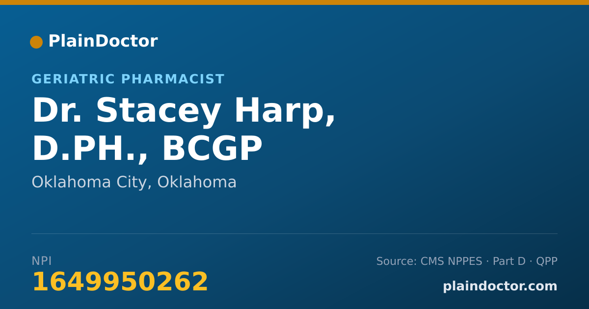 Shareable card for Stacey Harp, D.PH., BCGP - Geriatric Pharmacist, Oklahoma City, OK