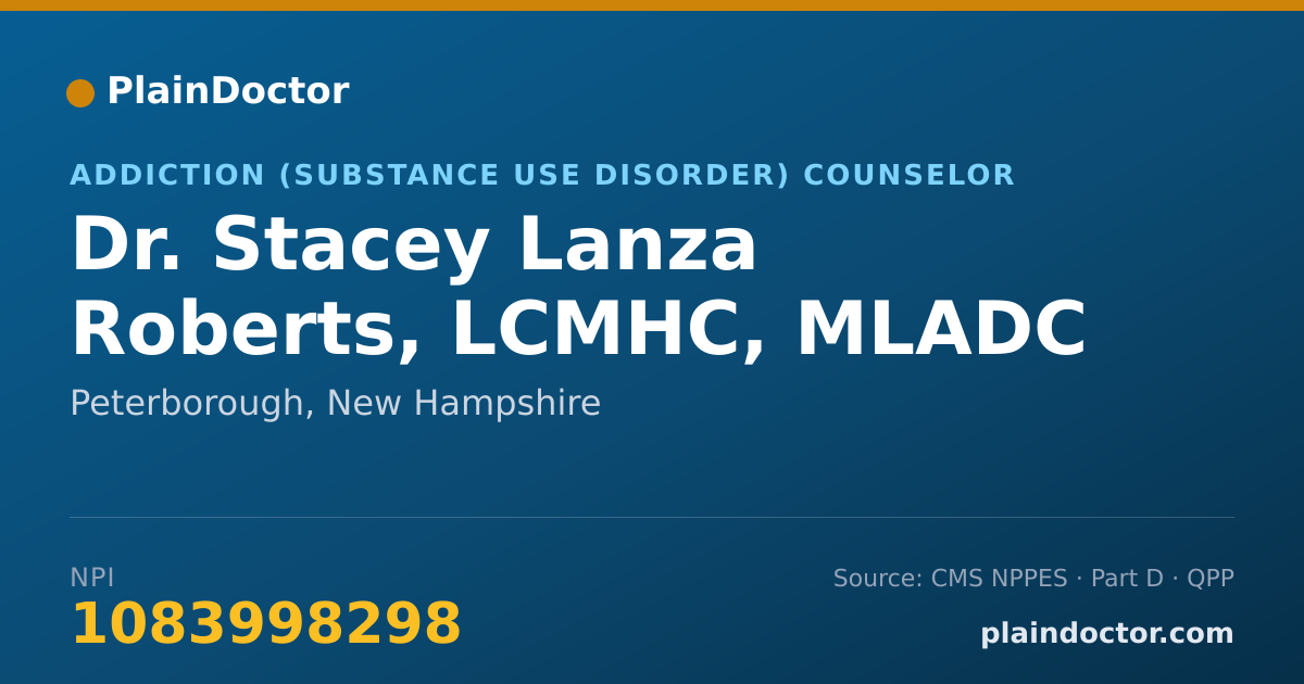 Shareable card for Stacey Lanza Roberts, LCMHC, MLADC - Addiction (Substance Use Disorder) Counselor, Peterborough, NH