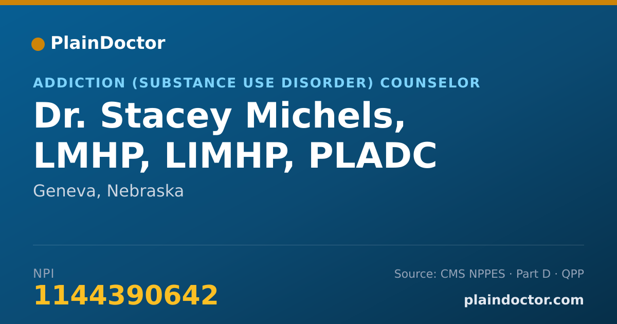 Shareable card for Stacey Michels, LMHP, LIMHP, PLADC - Addiction (Substance Use Disorder) Counselor, Geneva, NE