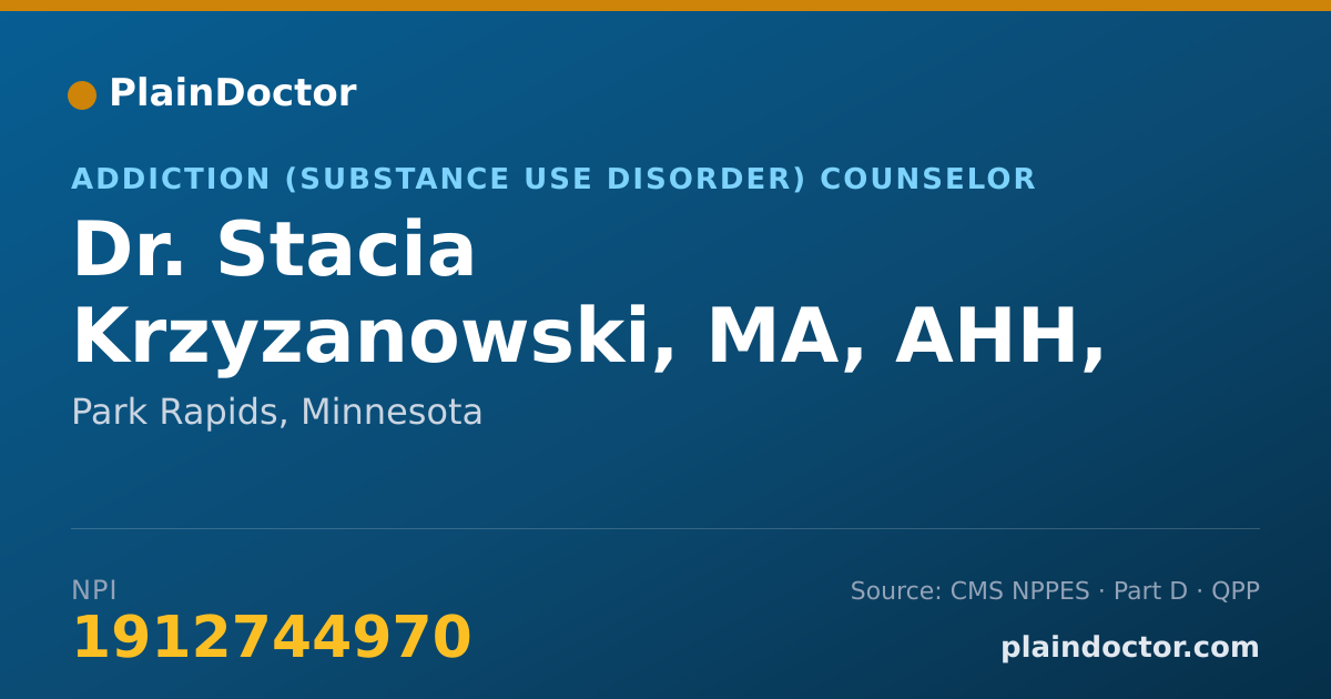 Shareable card for Stacia Krzyzanowski, MA, AHH, LADC, LPCC - Addiction (Substance Use Disorder) Counselor, Park Rapids, MN