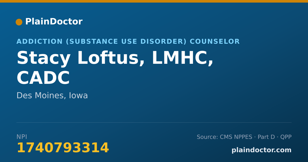Shareable card for Stacy Loftus, LMHC, CADC - Addiction (Substance Use Disorder) Counselor, Des Moines, IA