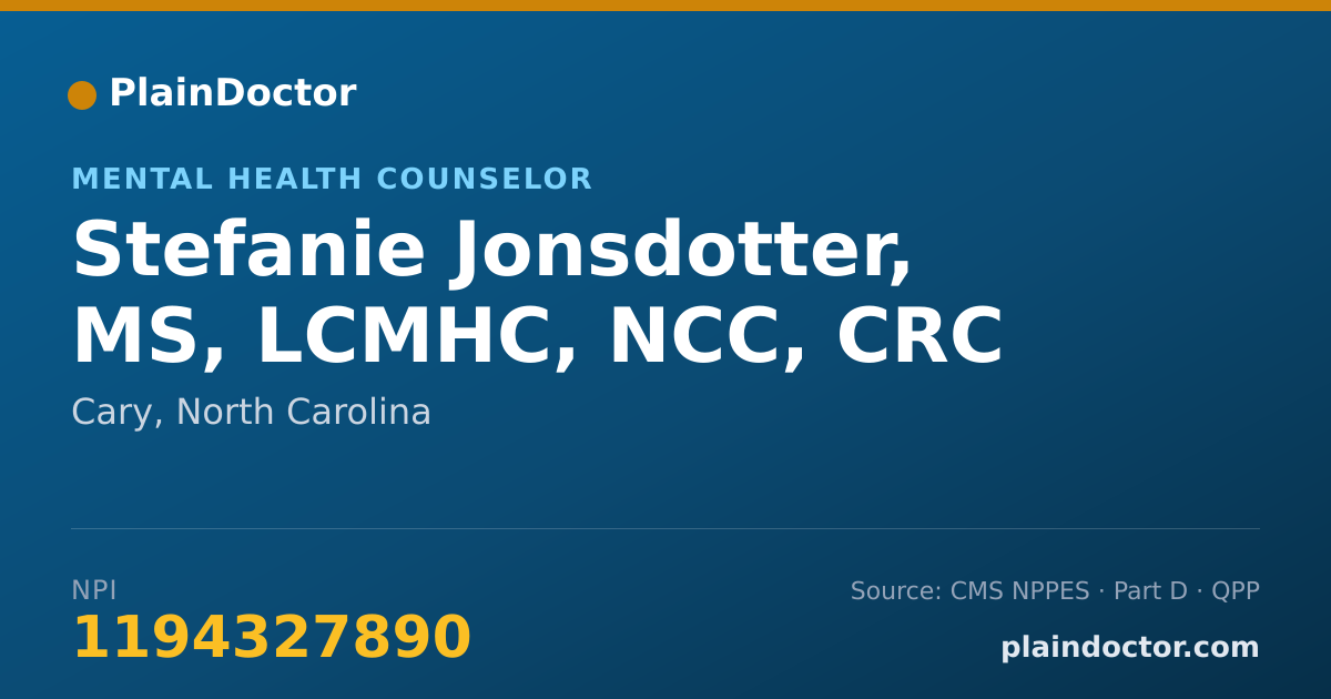 Shareable card for Stefanie Jonsdotter, MS, LCMHC, NCC, CRC - Mental Health Counselor, Cary, NC
