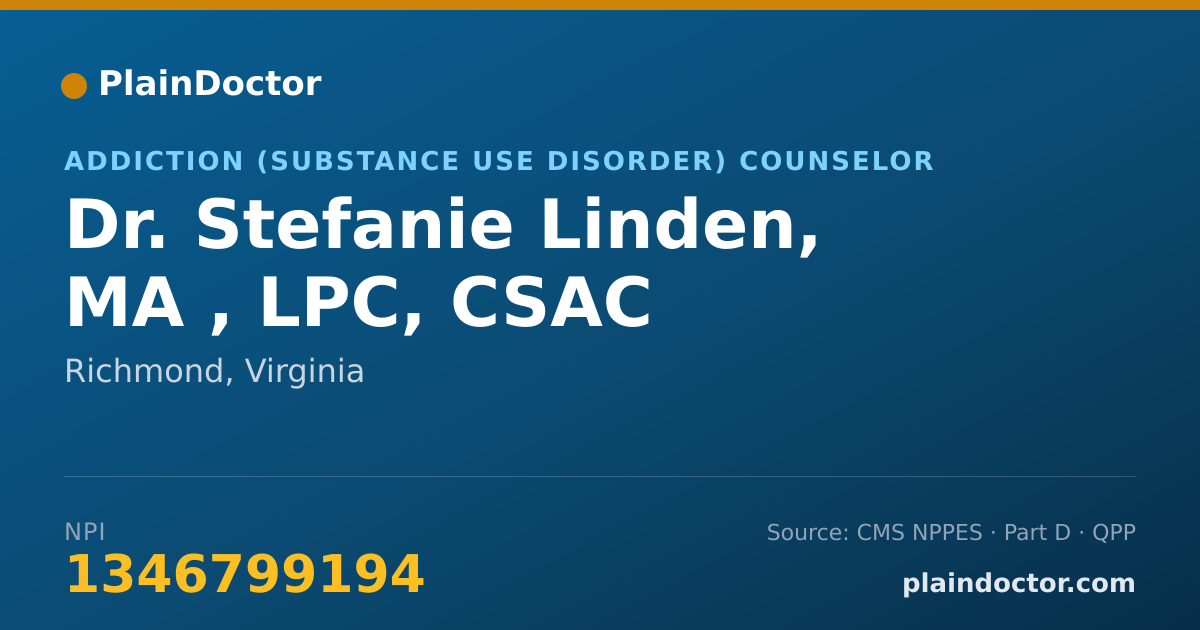 Shareable card for Stefanie Linden, MA , LPC, CSAC - Addiction (Substance Use Disorder) Counselor, Richmond, VA