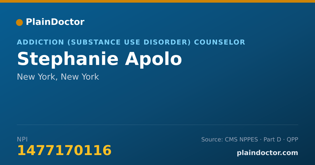 Shareable card for Stephanie Apolo - Addiction (Substance Use Disorder) Counselor, New York, NY