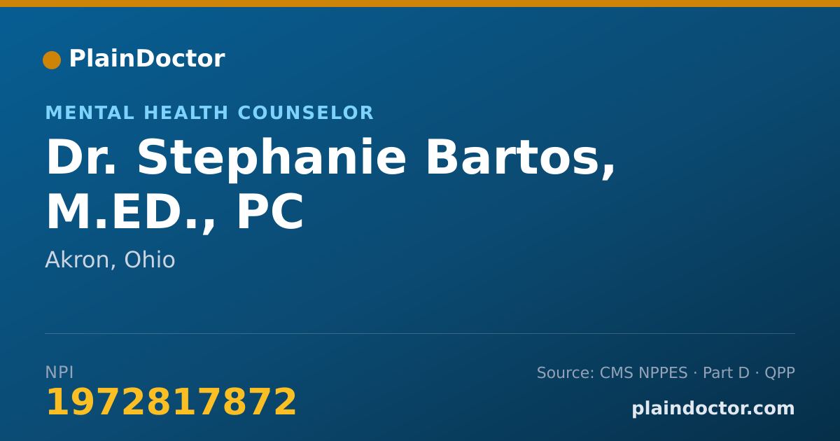 Shareable card for Stephanie Bartos, M.ED., PC - Mental Health Counselor, Akron, OH