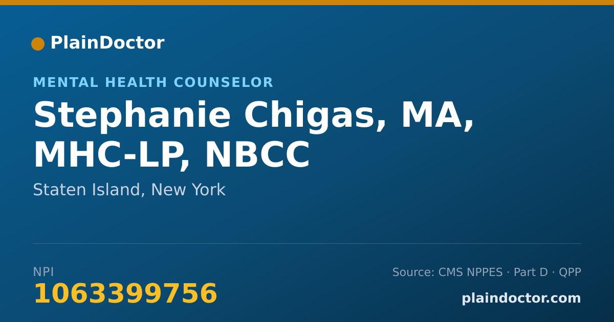 Shareable card for Stephanie Chigas, MA, MHC-LP, NBCC - Mental Health Counselor, Staten Island, NY