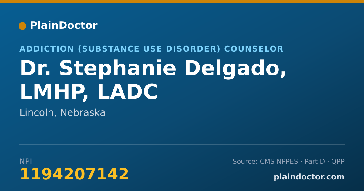 Shareable card for Stephanie Delgado, LMHP, LADC - Addiction (Substance Use Disorder) Counselor, Lincoln, NE
