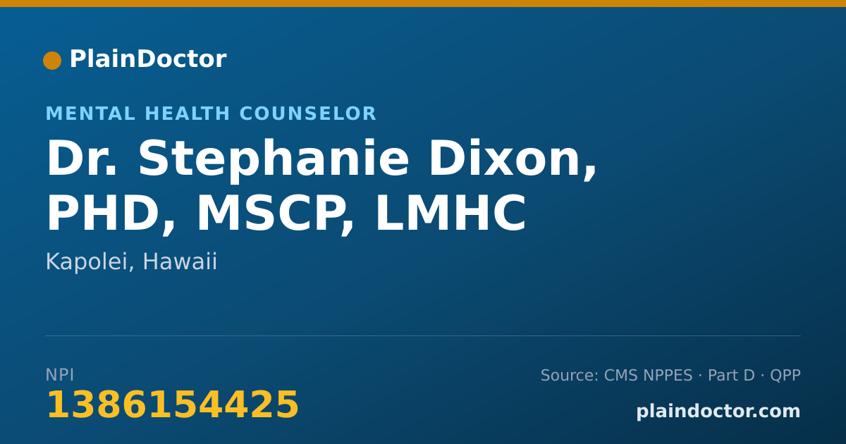 Shareable card for Stephanie Dixon, PHD, MSCP, LMHC - Mental Health Counselor, Kapolei, HI