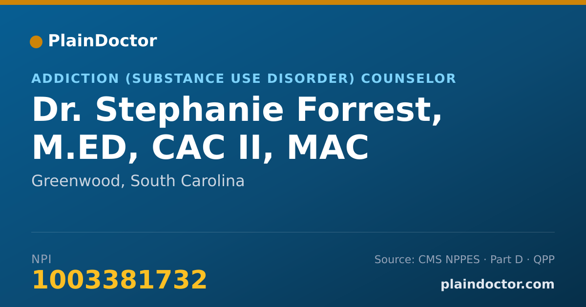 Shareable card for Stephanie Forrest, M.ED, CAC II, MAC - Addiction (Substance Use Disorder) Counselor, Greenwood, SC