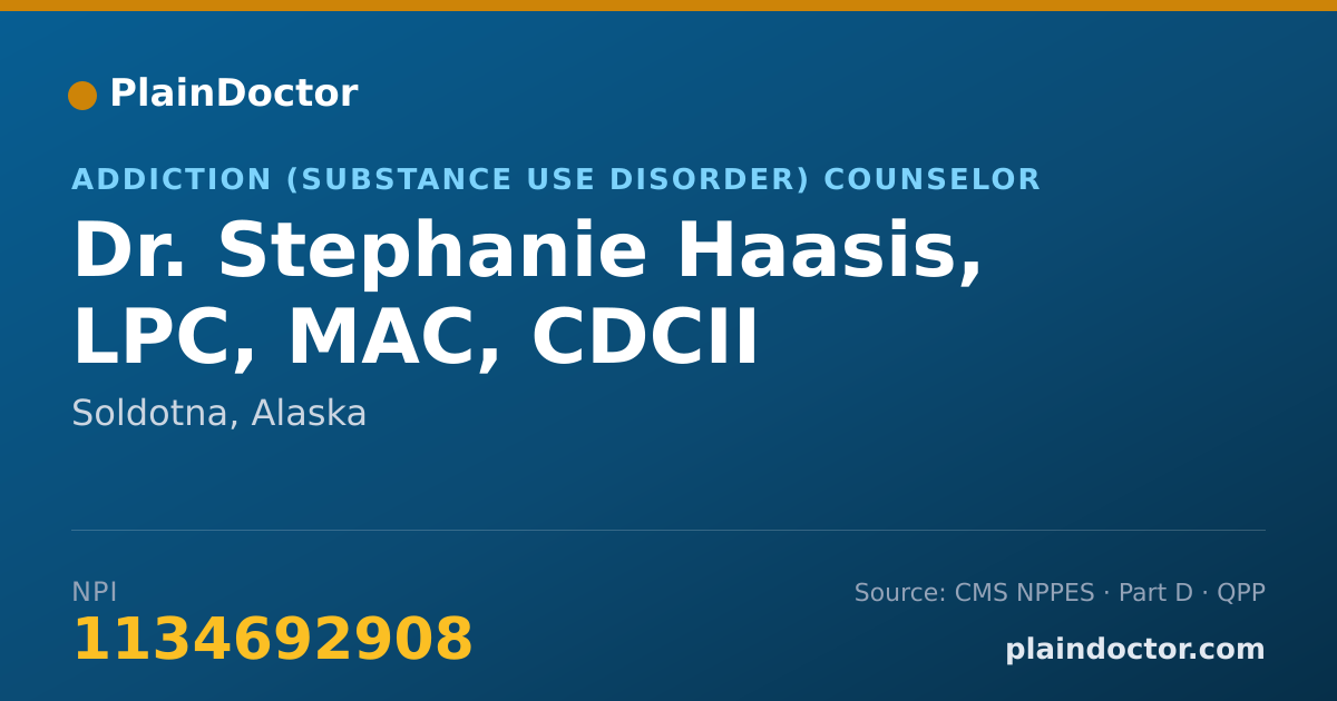 Shareable card for Stephanie Haasis, LPC, MAC, CDCII - Addiction (Substance Use Disorder) Counselor, Soldotna, AK