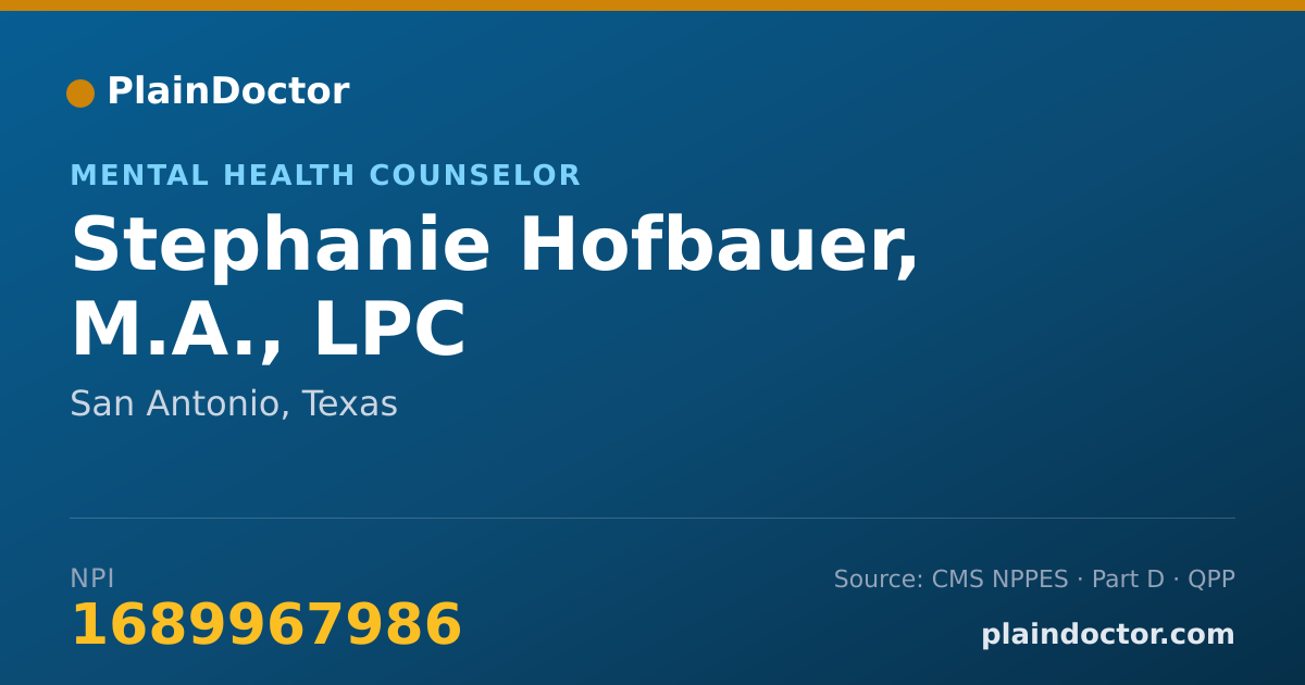 Shareable card for Stephanie Hofbauer, M.A., LPC - Mental Health Counselor, San Antonio, TX