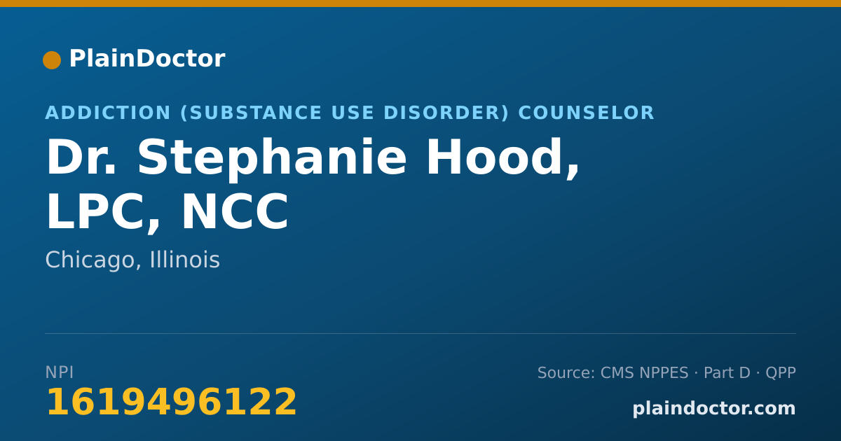 Shareable card for Stephanie Hood, LPC, NCC - Addiction (Substance Use Disorder) Counselor, Chicago, IL