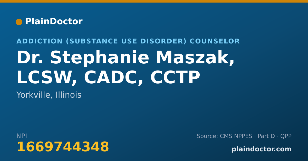 Shareable card for Stephanie Maszak, LCSW, CADC, CCTP - Addiction (Substance Use Disorder) Counselor, Yorkville, IL
