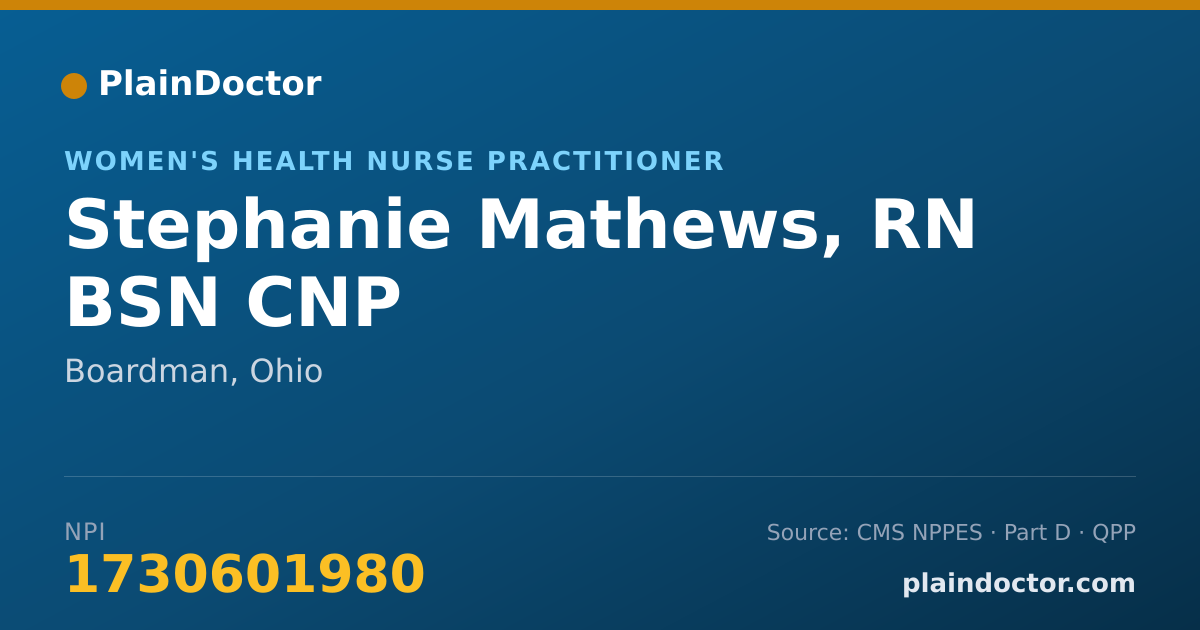 Shareable card for Stephanie Mathews, RN BSN CNP - Women's Health Nurse Practitioner, Boardman, OH
