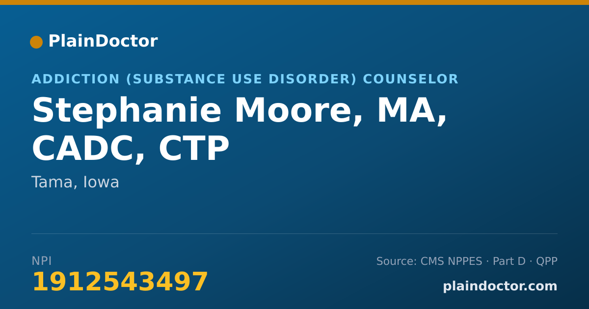 Shareable card for Stephanie Moore, MA, CADC, CTP - Addiction (Substance Use Disorder) Counselor, Tama, IA
