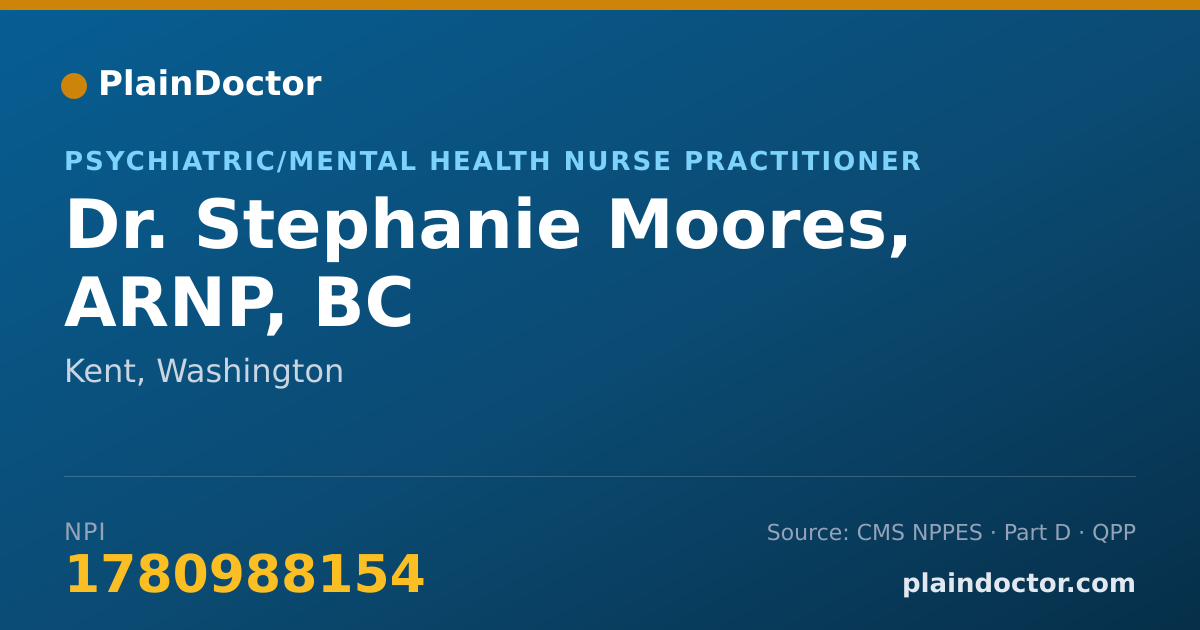 Shareable card for Stephanie Moores, ARNP, BC - Psychiatric/Mental Health Nurse Practitioner, Kent, WA