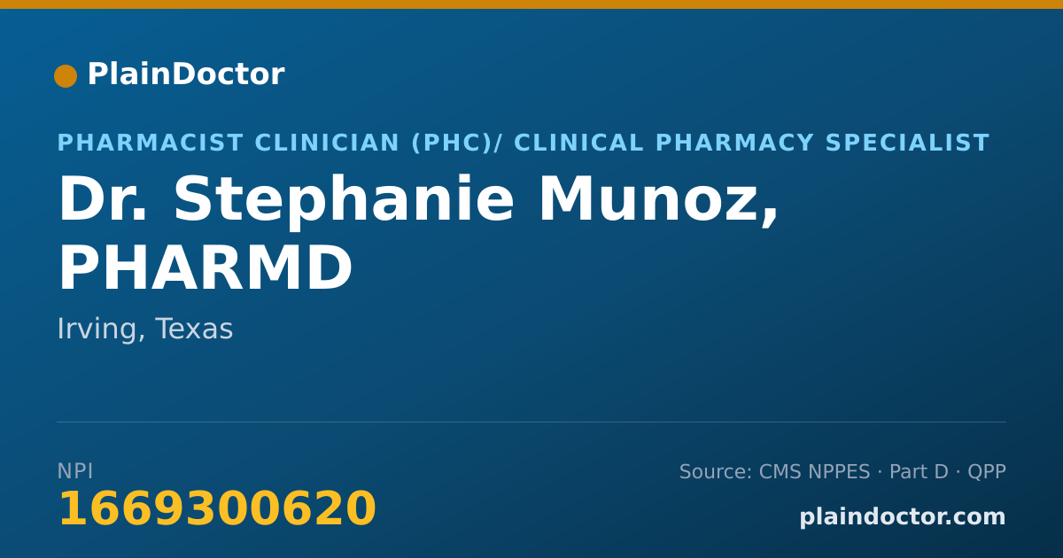 Shareable card for Stephanie Munoz, PHARMD - Pharmacist Clinician (PhC)/ Clinical Pharmacy Specialist, Irving, TX