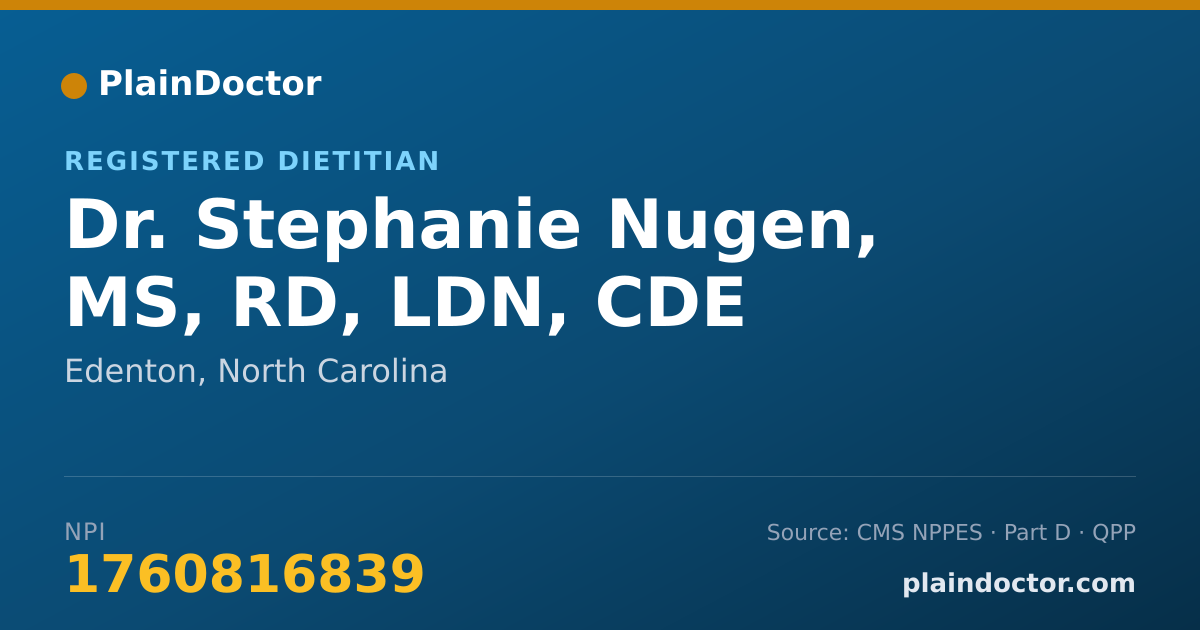 Shareable card for Stephanie Nugen, MS, RD, LDN, CDE - Registered Dietitian, Edenton, NC