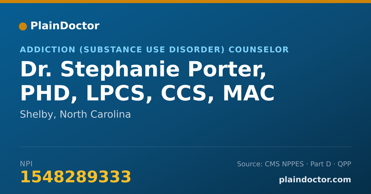 Shareable card for Stephanie Porter, PHD, LPCS, CCS, MAC - Addiction (Substance Use Disorder) Counselor, Shelby, NC