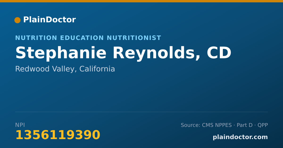 Shareable card for Stephanie Reynolds, CD - Nutrition Education Nutritionist, Redwood Valley, CA