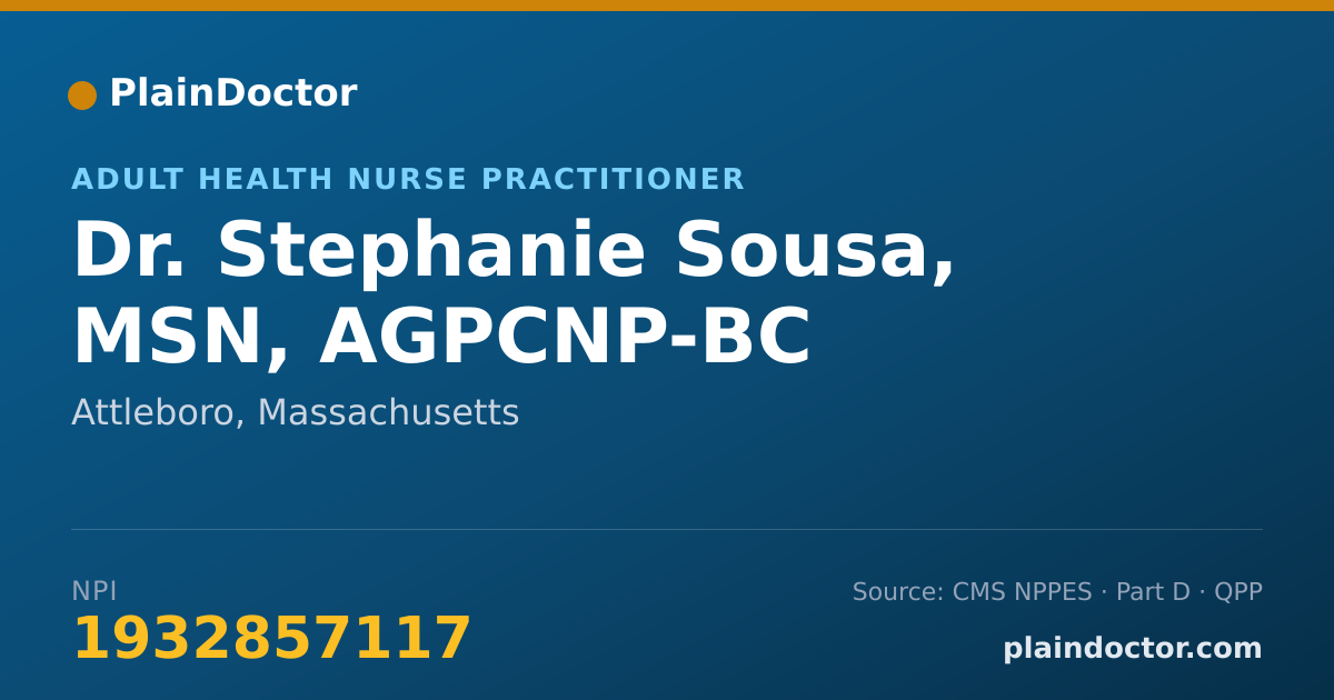 Shareable card for Stephanie Sousa, MSN, AGPCNP-BC - Adult Health Nurse Practitioner, Attleboro, MA