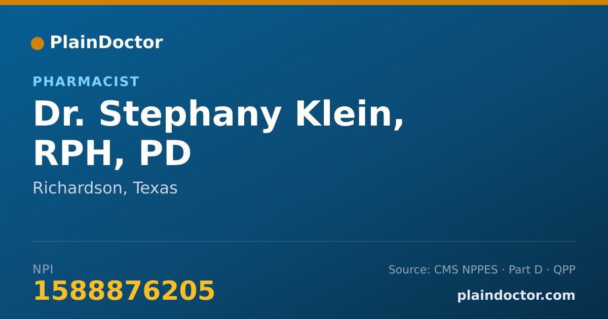 Shareable card for Stephany Klein, RPH, PD - Pharmacist, Richardson, TX