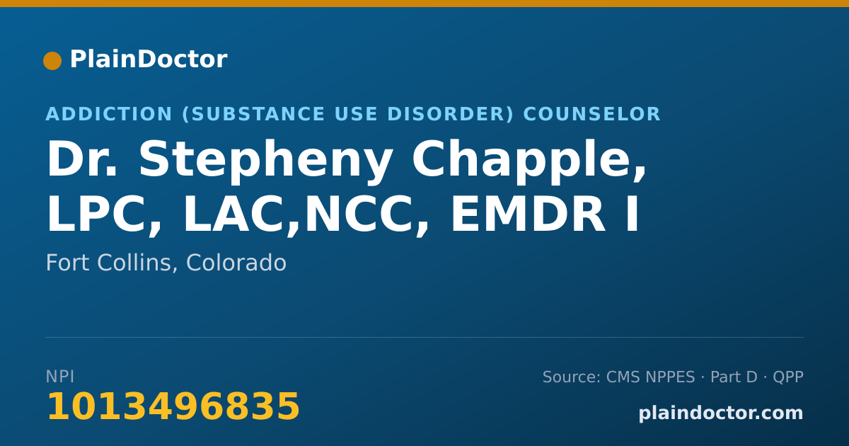 Shareable card for Stepheny Chapple, LPC, LAC,NCC, EMDR I - Addiction (Substance Use Disorder) Counselor, Fort Collins, CO