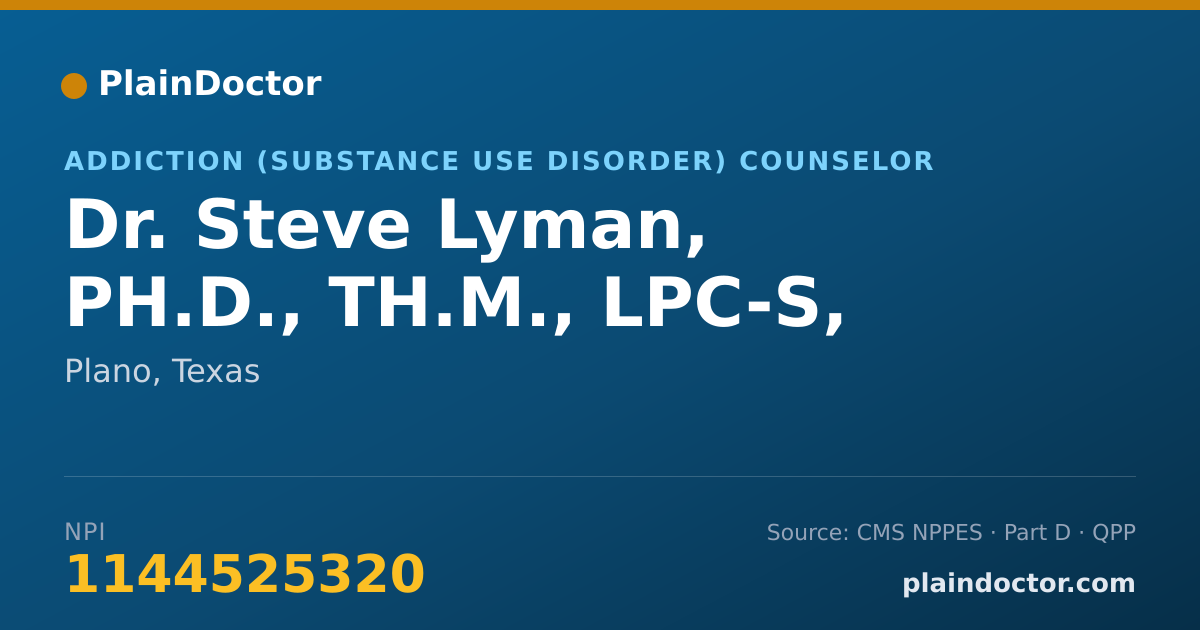Shareable card for Steve Lyman, PH.D., TH.M., LPC-S, - Addiction (Substance Use Disorder) Counselor, Plano, TX