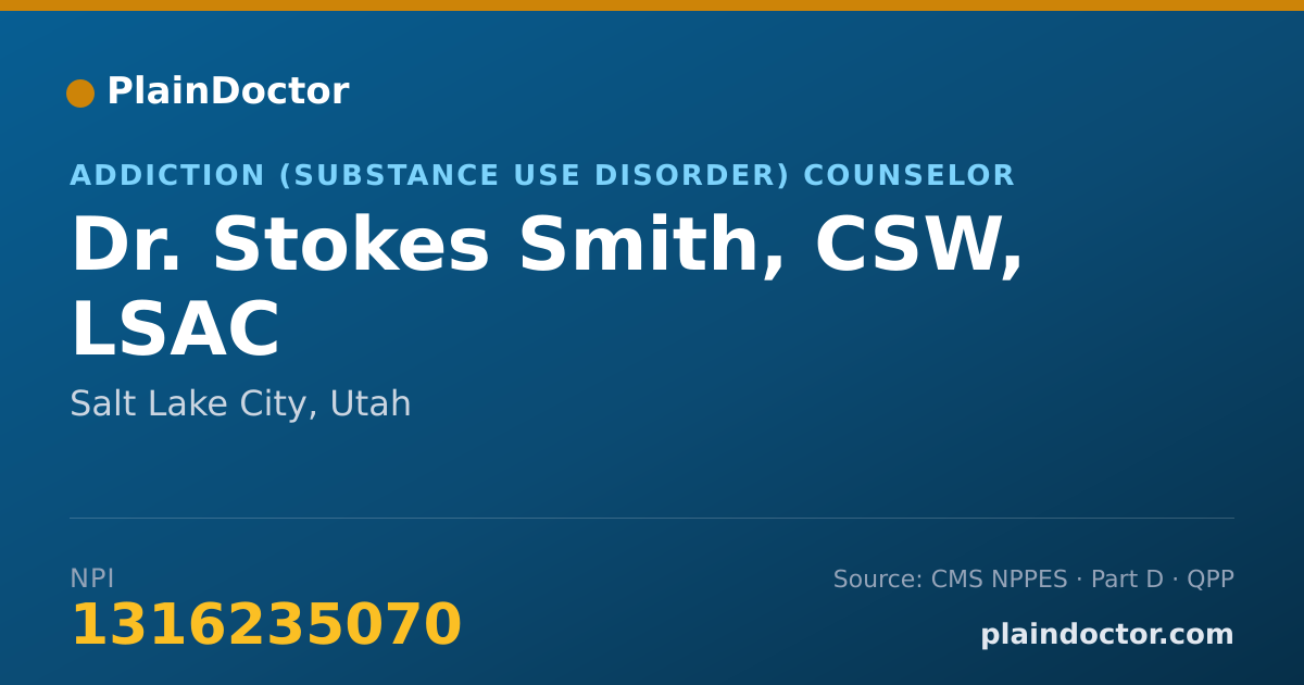 Shareable card for Stokes Smith, CSW, LSAC - Addiction (Substance Use Disorder) Counselor, Salt Lake City, UT