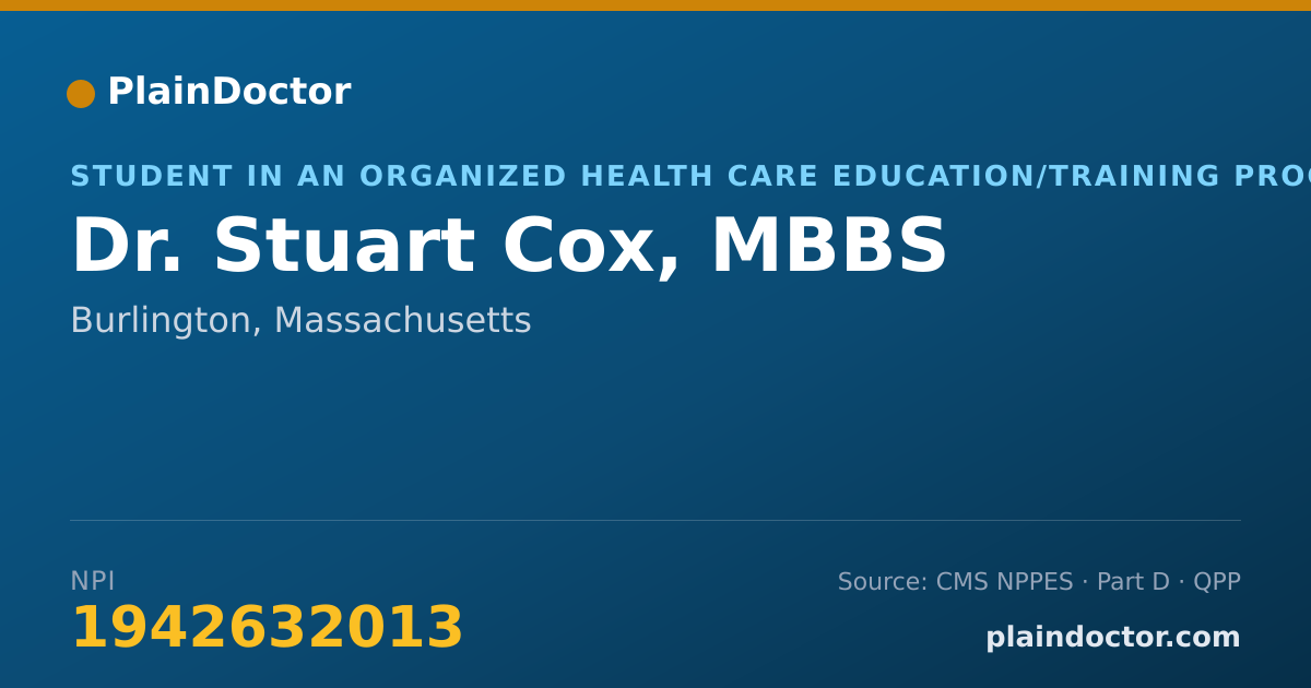 Shareable card for Stuart Cox, MBBS - Student in an Organized Health Care Education/Training Program, Burlington, MA